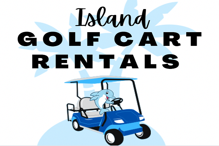 a blue golf cart with the words island golf cart rentals.