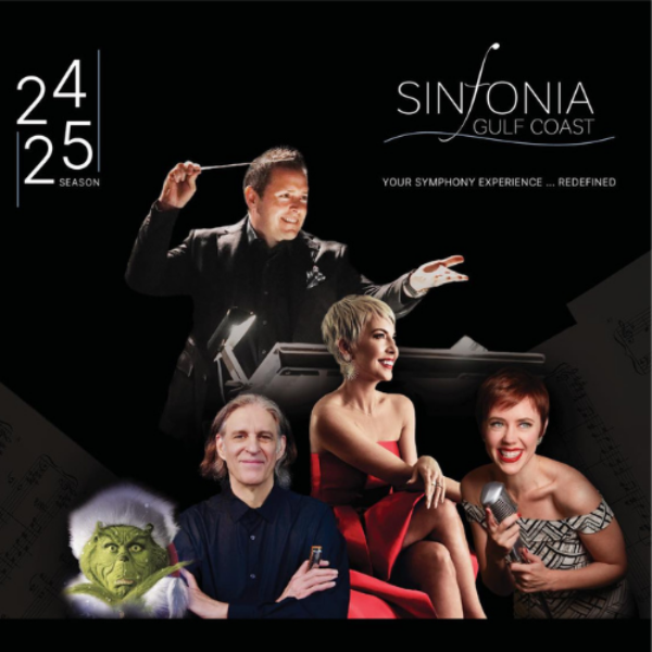 A promotional image featuring the Sinfonia Gulf Coast 2024-2025 season with a conductor and four performers, including a person dressed as a green character. Text reads: 