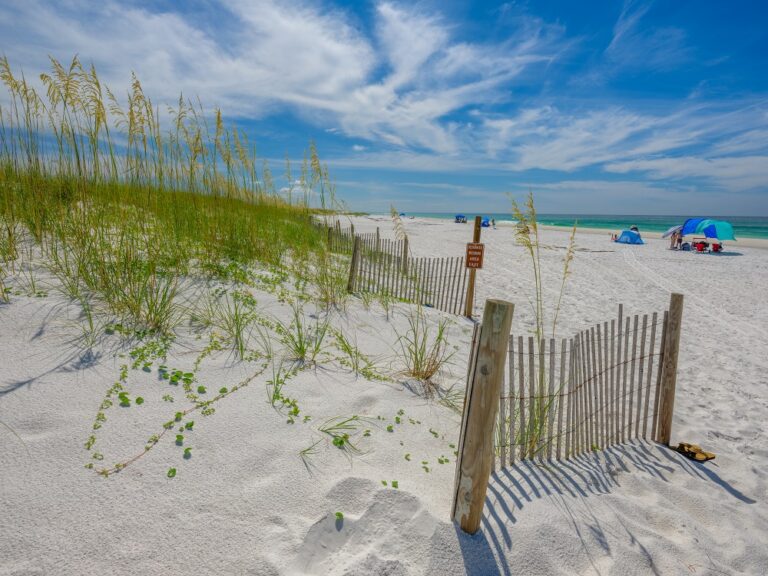 Sandy beach with wooden fence, sea oats, and blue sky. A few beach umbrellas and people are visible in the distance.