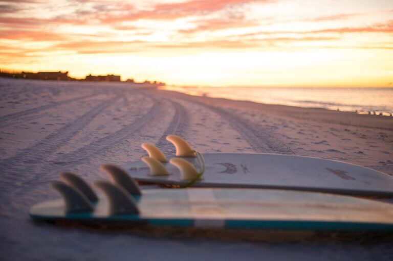 Surfboards lying on a sandy beach at sunset, with tire tracks leading into the distance.