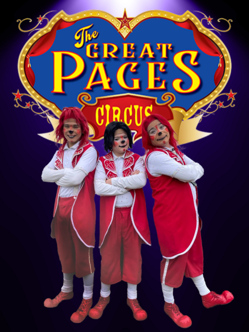 Three clowns in red costumes stand with arms crossed in front of 