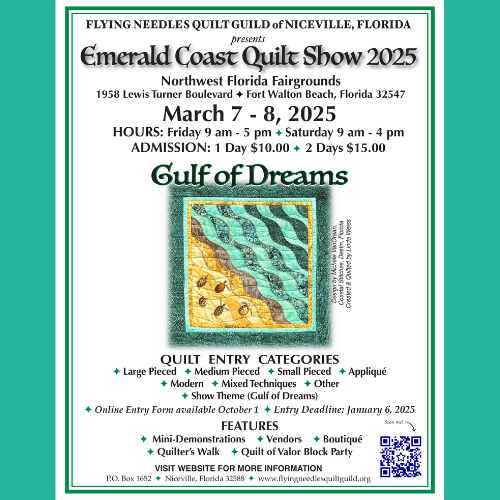 Emerald Coast Quilt Show 2025 poster, featuring dates, location, and details for the event with a quilt image titled 